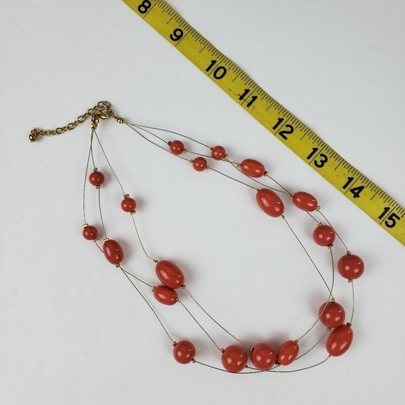 Multi Strand Illusion Wire Coral Bead Goldtone Floating Necklace Adjustable - Picture 4 of 7